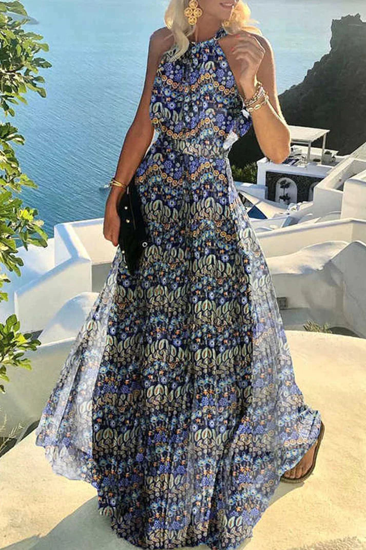 LM | Bohemian print patchwork halterneck pleated dresses