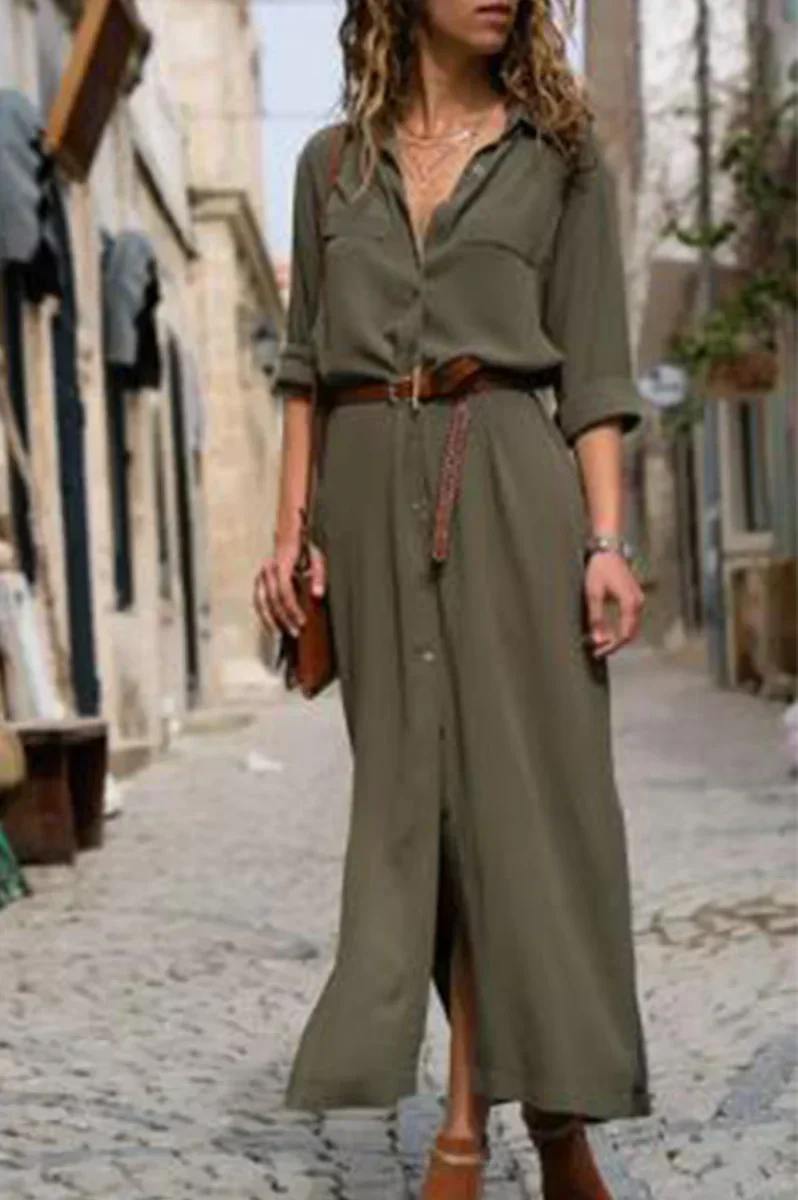LM | Casual shirt dress with turn-down collar and monochrome patchwork