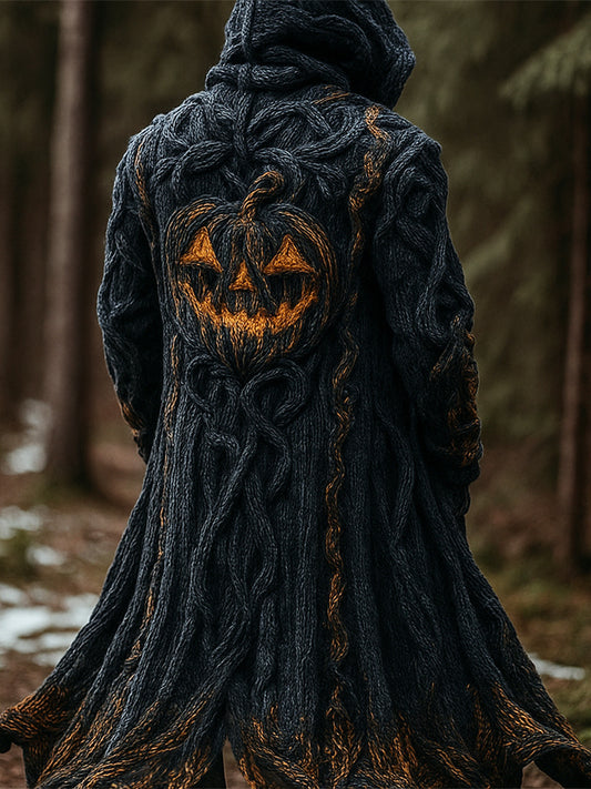 Halloween Pumpkin Emoji Men's Chunky Knit Hooded Long Cardigan artswardrobe