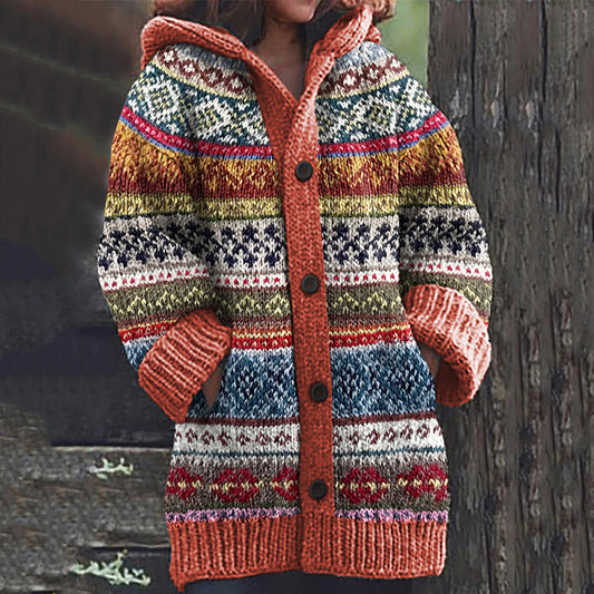Vintage Icelandic Ethnic Pattern Knit Cozy Hooded Cardigan elevenforest