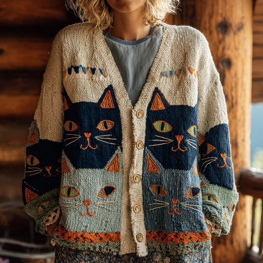 Women's Fun Knitted Cat Pattern Comfortable Warm Cardigan Sweater elevenforest