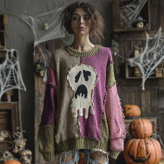 Halloween Ghost Contrast Stitched Cozy Knit Sweater elevenforest
