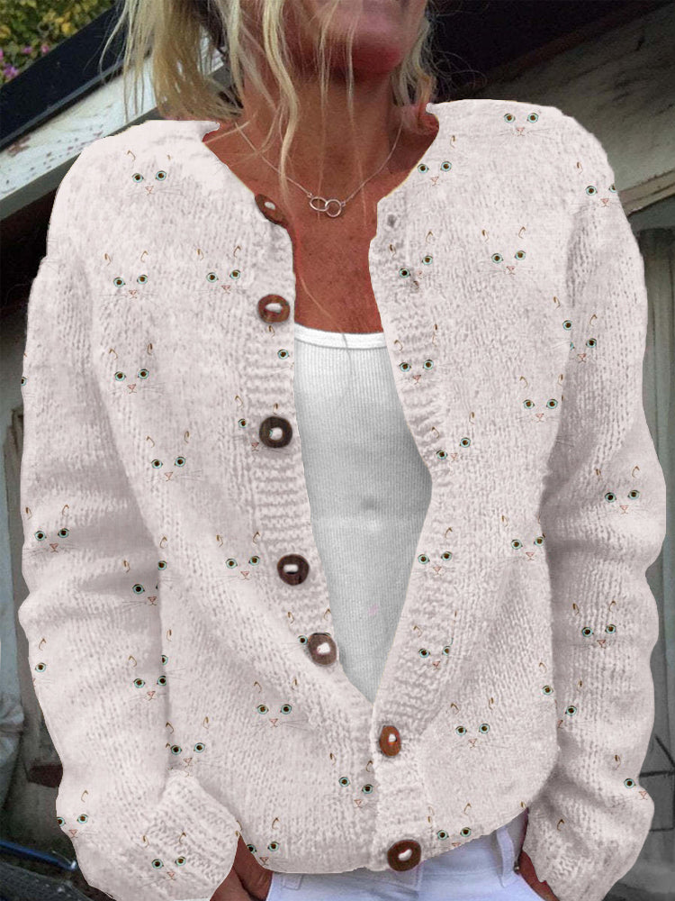 Cute Cat Face Pattern Cozy Knit Cardigan elevenforest