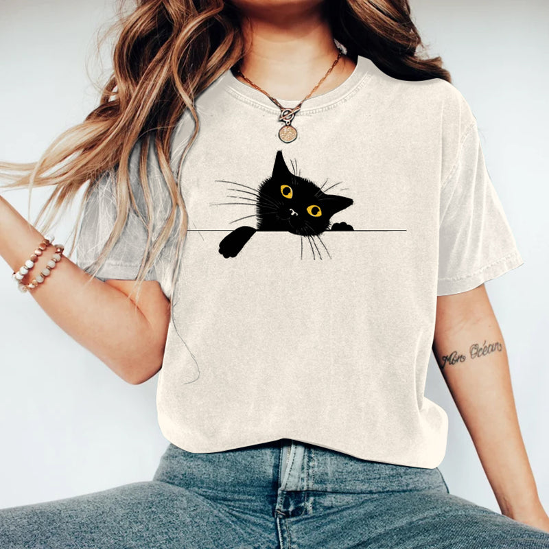 Comstylish Women's Abstract Creative Cute Black Cat Art Print T-shirt