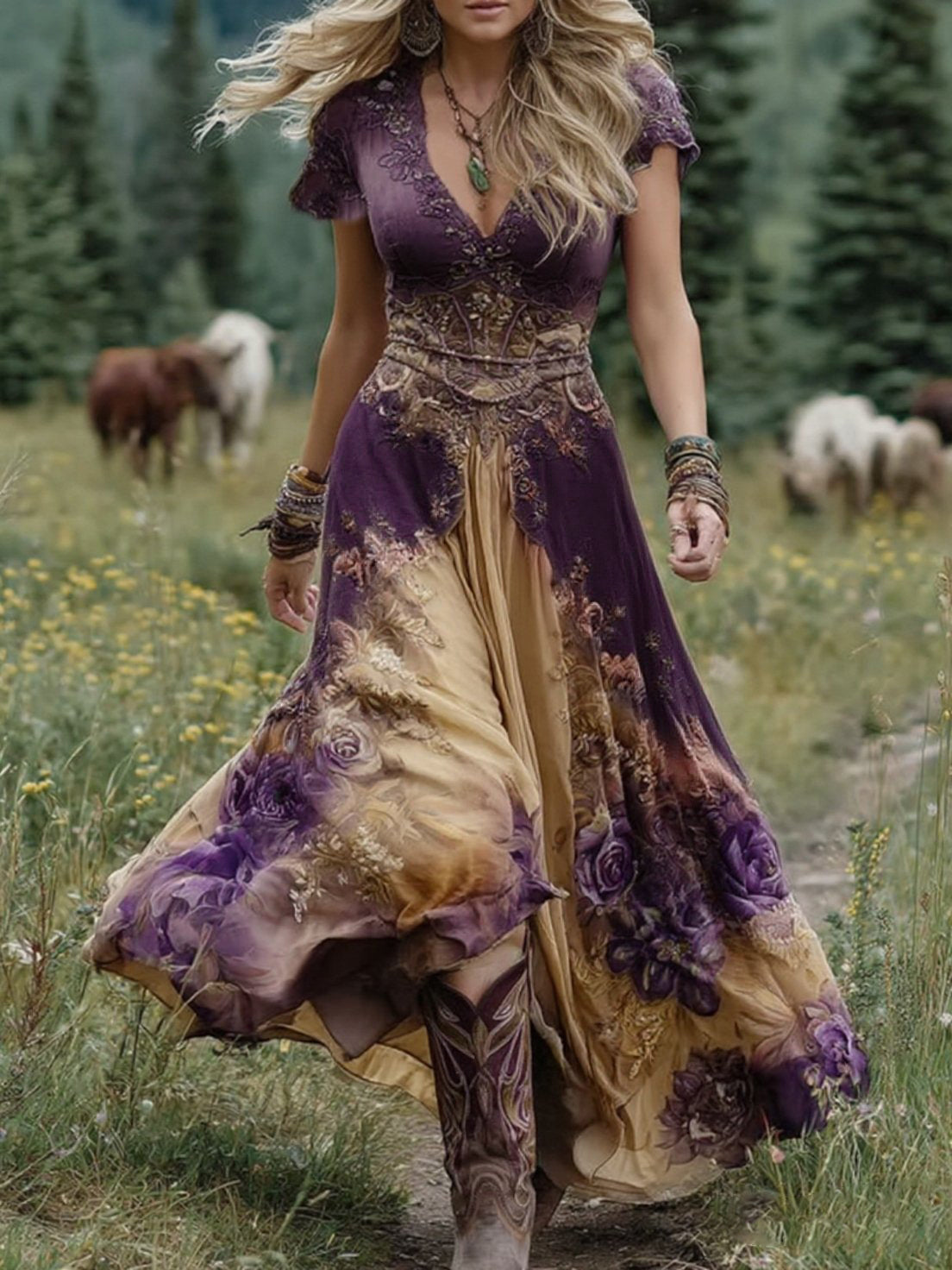 Classy Gradient Purple Lavender And Floral Printed Short Maxi Dress artswardrobe