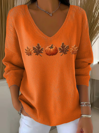 Women's Casual Autumn Maple Leaf Pumpkin Striped Long-sleeved V-neck Top artswardrobe