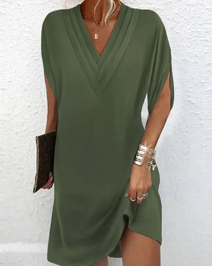LM | Elegant pleated summer mini dress with V-neckline