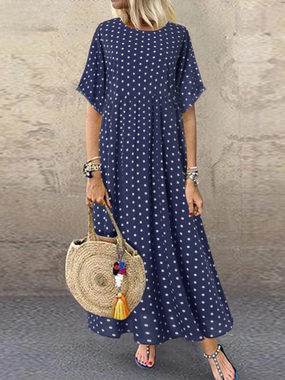 LM | Polka Dot Ladies Midi Dress Bohemian Vacation Short Sleeve O-Neck Long Robe Vintage Loose Casual A-line Vestidos Summer