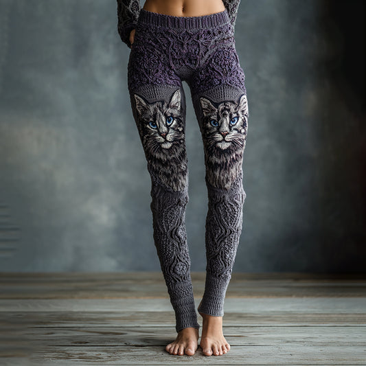 Women's Cute Cat Face Embroidered Art Cozy Knit Leggings elevenforest