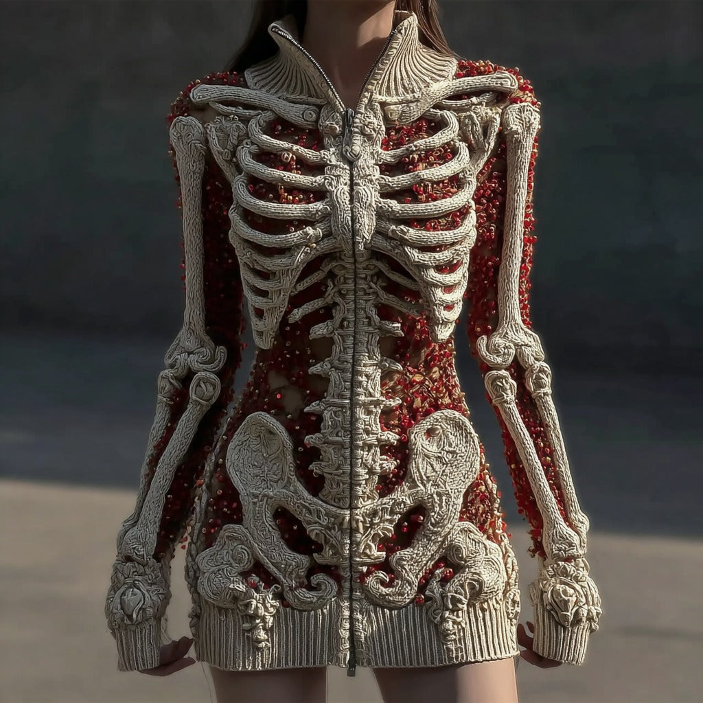 Women's Vintage Skull Sequin Art Cozy Zipper Sweater Cardigan artswardrobe