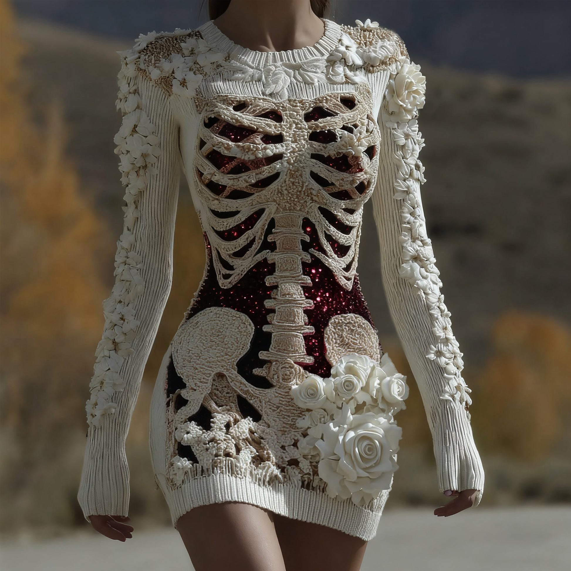 Women's Halloween Skull Anatomy Rose Sequin Art Round Neck Knit Dress artswardrobe
