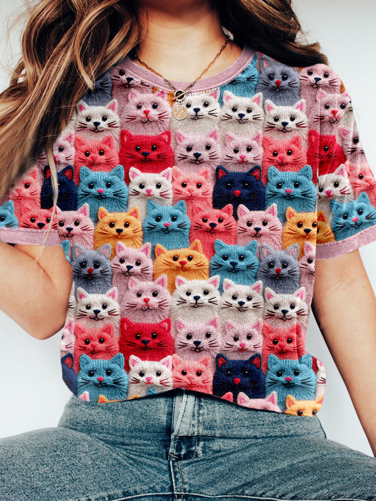 Colorful Cute Cats Embroidered Comfy T Shirt elevenforest