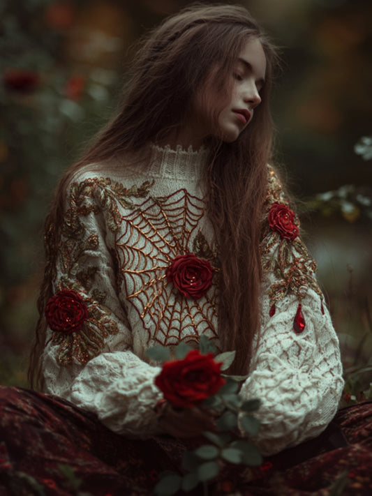 Comstylish Women Halloween Spider Silk Roses Make Old Round Neck Sweaters