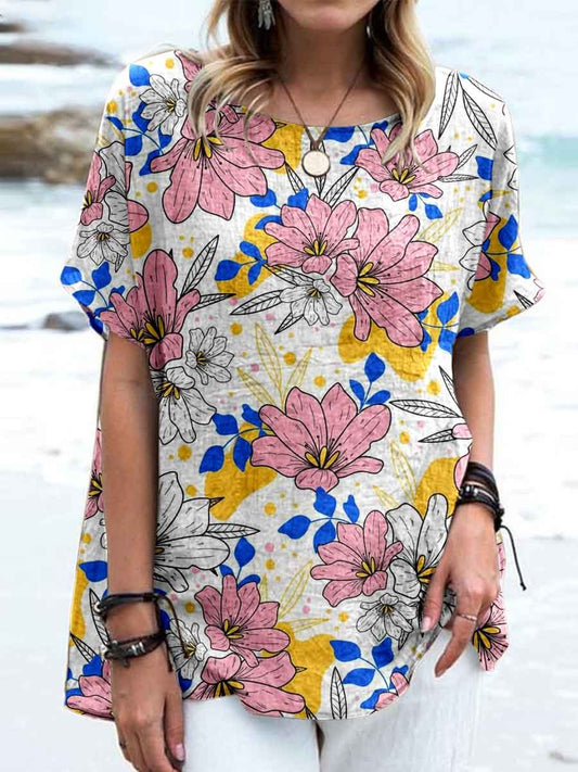 Women's Elegant Floral Round Neck Cotton and Linen Top