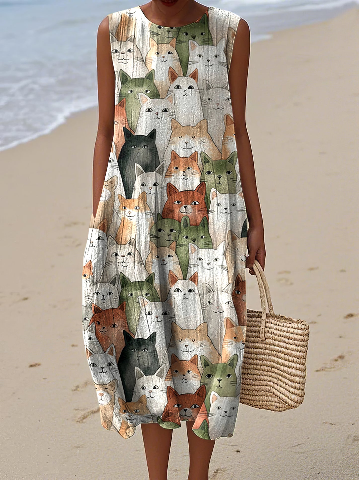 Women's Vintage Cat Art Linen Tank Dress artswardrobe