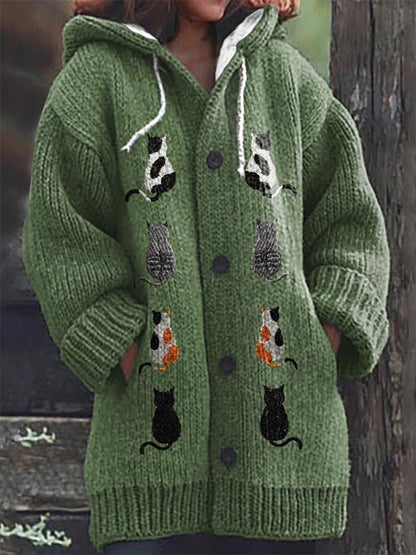 Women's Cat Casual Print Cozy Knit Cardigan elevenforest
