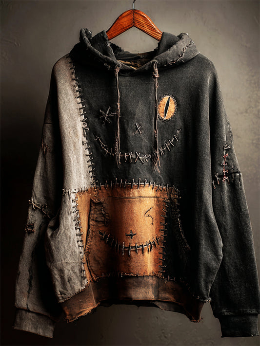 Halloween Black Cat Face Colorblock Patchwork Washed Hoodie elevenforest