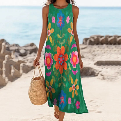 Women's Vintage Bohemian Floral Art Linen Tank Dress artswardrobe