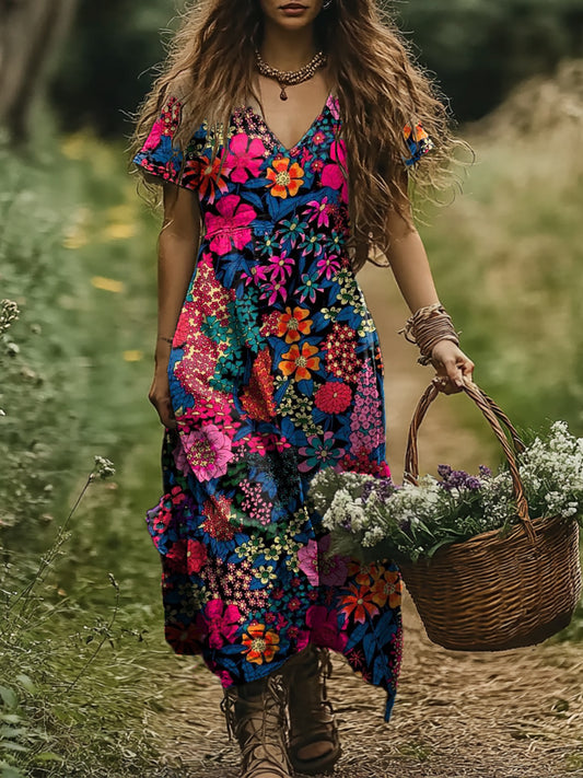 Women's Art Floral Vintage Print V-Neck Dress