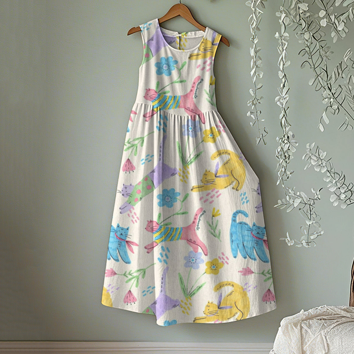 Vintage Cute Cat Floral Art Linen Tank Midi Dress artswardrobe