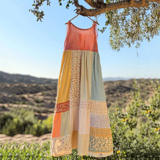 Comstylish Vintage Floral Patchwork Art Linen Tank Dress