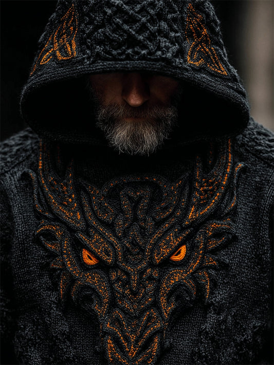 Men's Halloween Viking Evil Dragon Celtic Cozy Chunky Hooded Sweater elevenforest