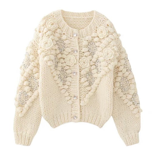 Women's Vintage Bohemian Floral Embroidery Art Aran Sweater Cardigan artswardrobe