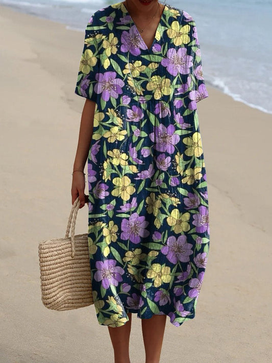 Retro Style Purple And Yellow Floral Pattern Printed Women's Flowy Dress