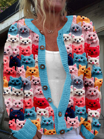 Comstylish Colorful Cute Cats Embroidered Cozy Knit Cardigan