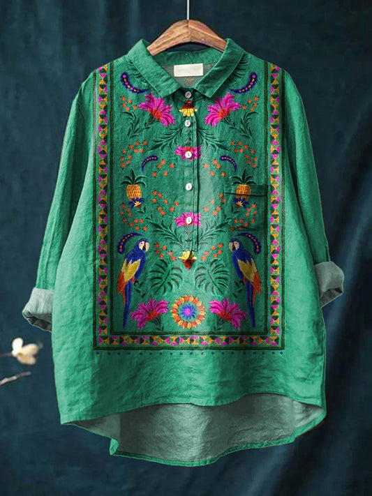 Women's Vintage Ethnic Lovely Floral Parrots Art Print Casual Cotton And Linen Shirt