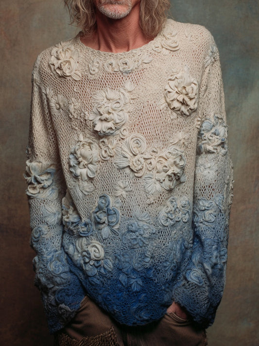 Men's Vintage Floral Crochet Embroidered Gradient Cozy Sweater artswardrobe