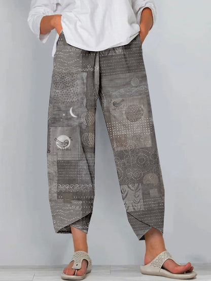 Comstylish Japanese Sashiko Patchwork Patterns Cropped Casual Pants