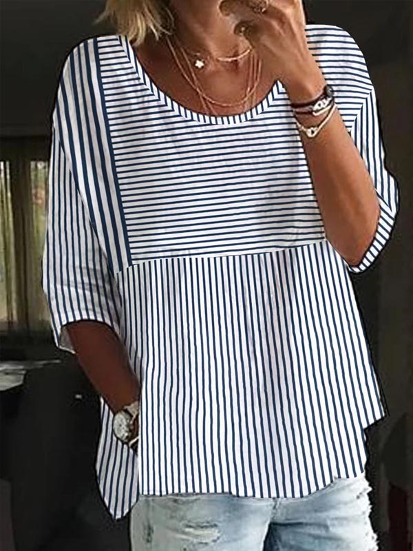 Loose Striped Quarter Sleeved Round Neck T-shirt.