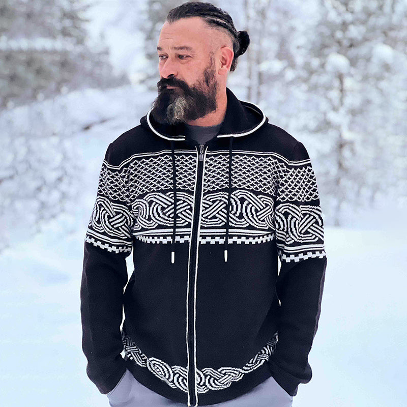 Men's Viking Art Jacquard Knitting Hooded Cardigan artswardrobe