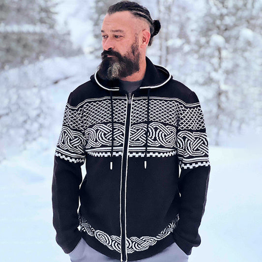 Men's Viking Art Jacquard Knitting Hooded Cardigan artswardrobe