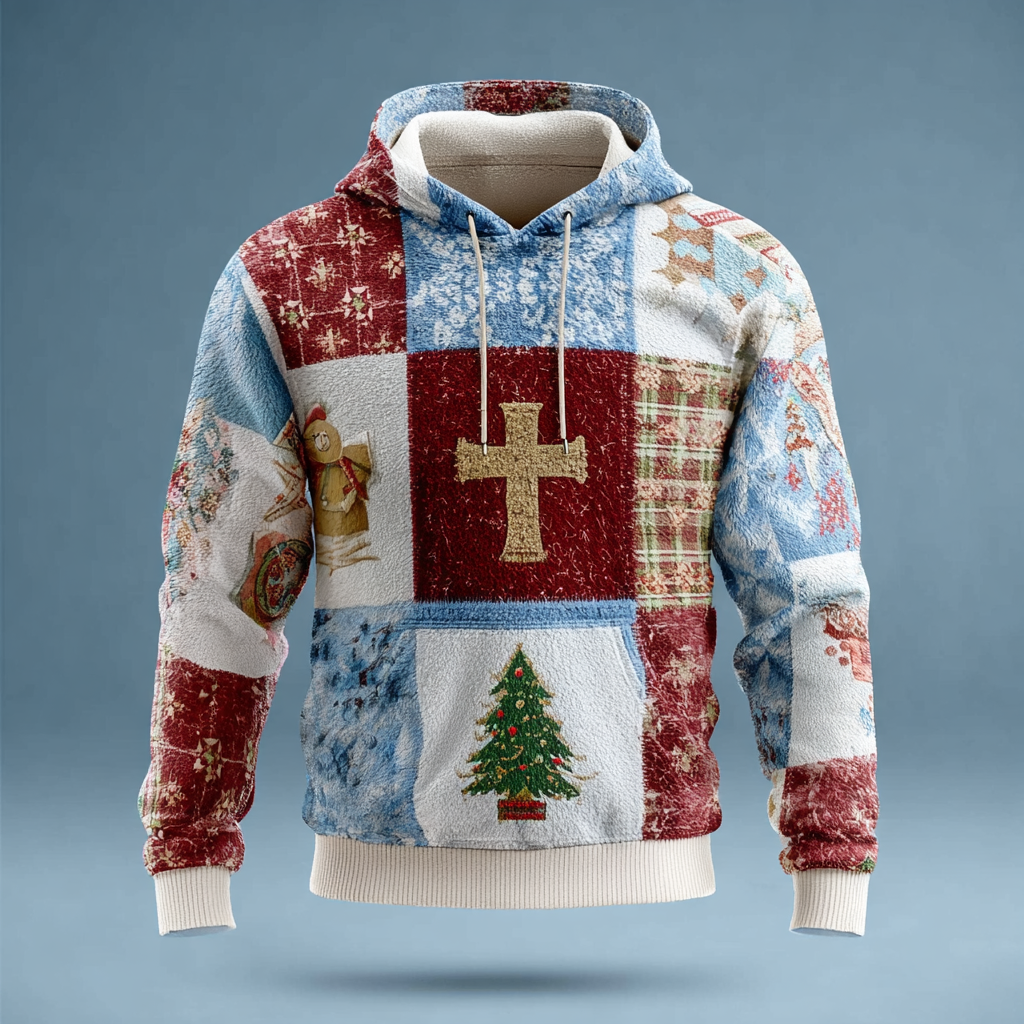 Comstylish Men's Christmas Elements Patchwork Hooded Flannel Sweatshirt