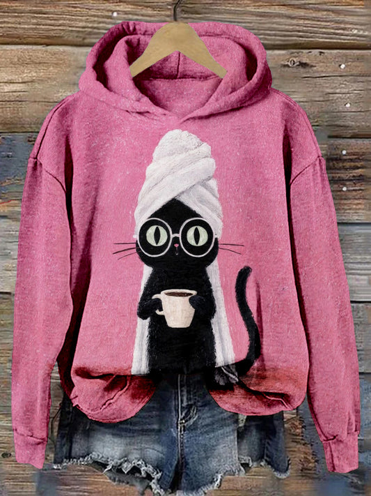 Silly Black Cat Coffe Art Vintage Cozy Hoodie elevenforest