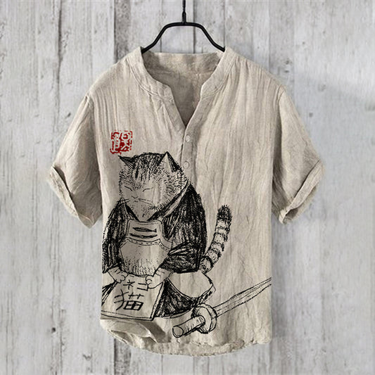 Retro Cat  Japanese Bushido Art Print Half Button Linen Blend Shirt elevenforest