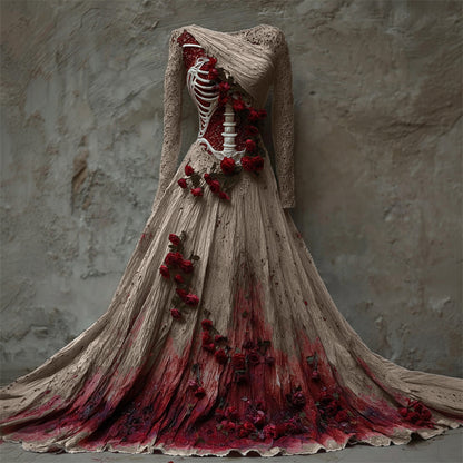 Comstylish Halloween Bloody Red Roses Skeleton Lace Linen Maxi Dress