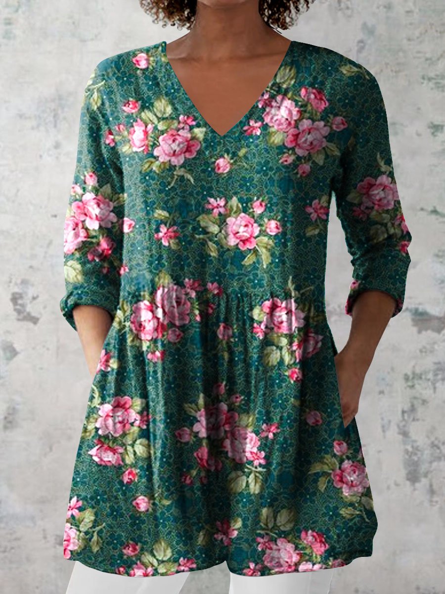 Women's Retro Floral Art Print Casual Cotton And Linen V-neck Top