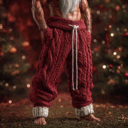 Comstylish Christmas 3d Embroidered Red Knitted Casual Pants