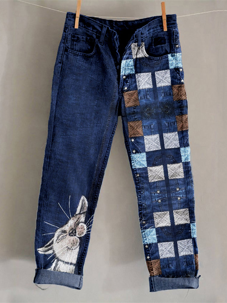 Cute Cats Patchwork Vintage Washed Jeans elevenforest