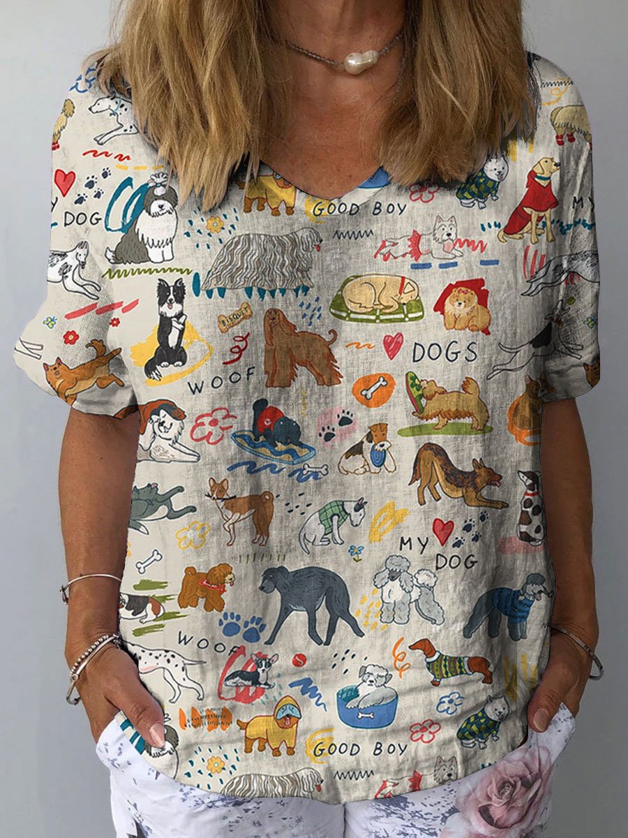Women's Cute Dog Art Print Casual Cotton And Linen Shirt