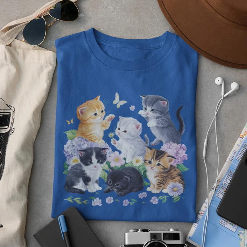Abstract Creative  Aesthetic Cat Butterfly Flower Wildflower Cat Art Print Cotton Graphic T-shirt elevenforest