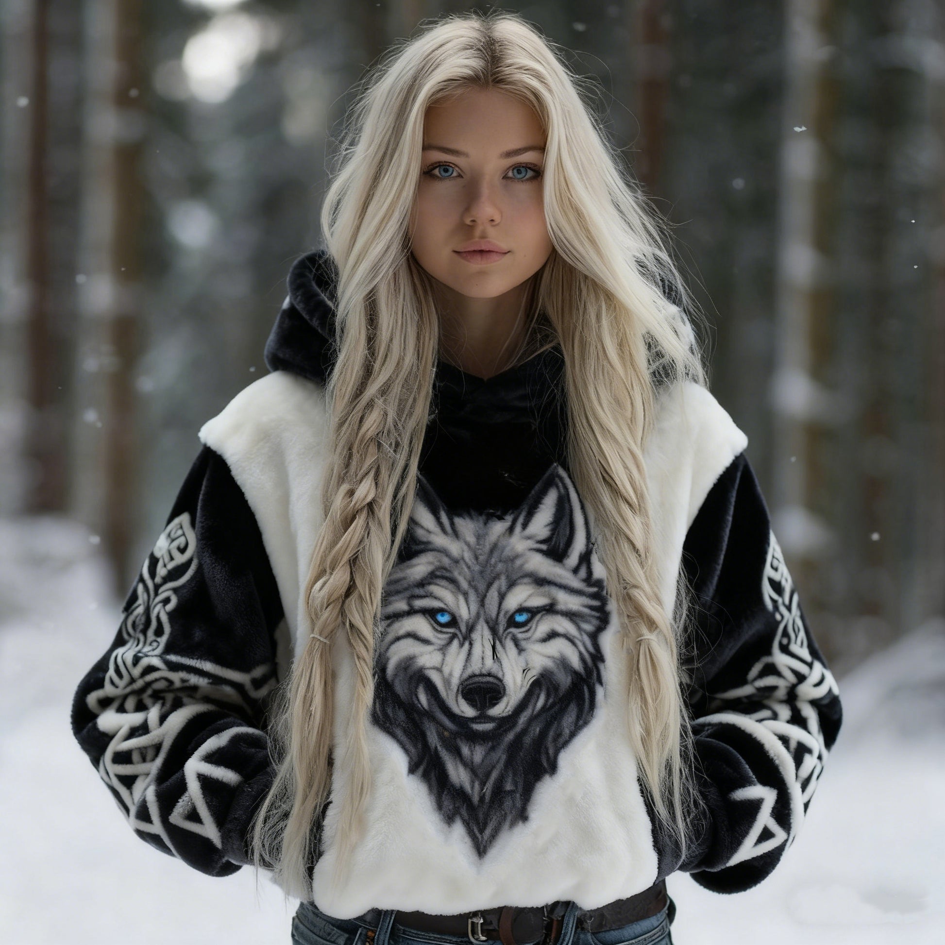 Comstylish Women's Vintage Viking Celtic Knot And Wolf Pattern Plush Hoodie