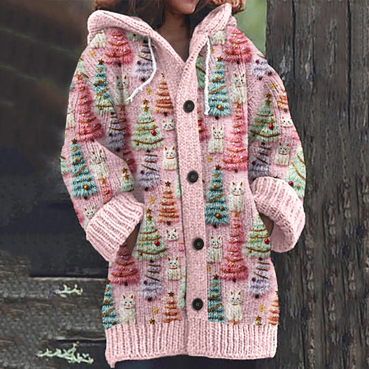 Christmas Tree Cat Print Knitted Hooded Cardigan elevenforest