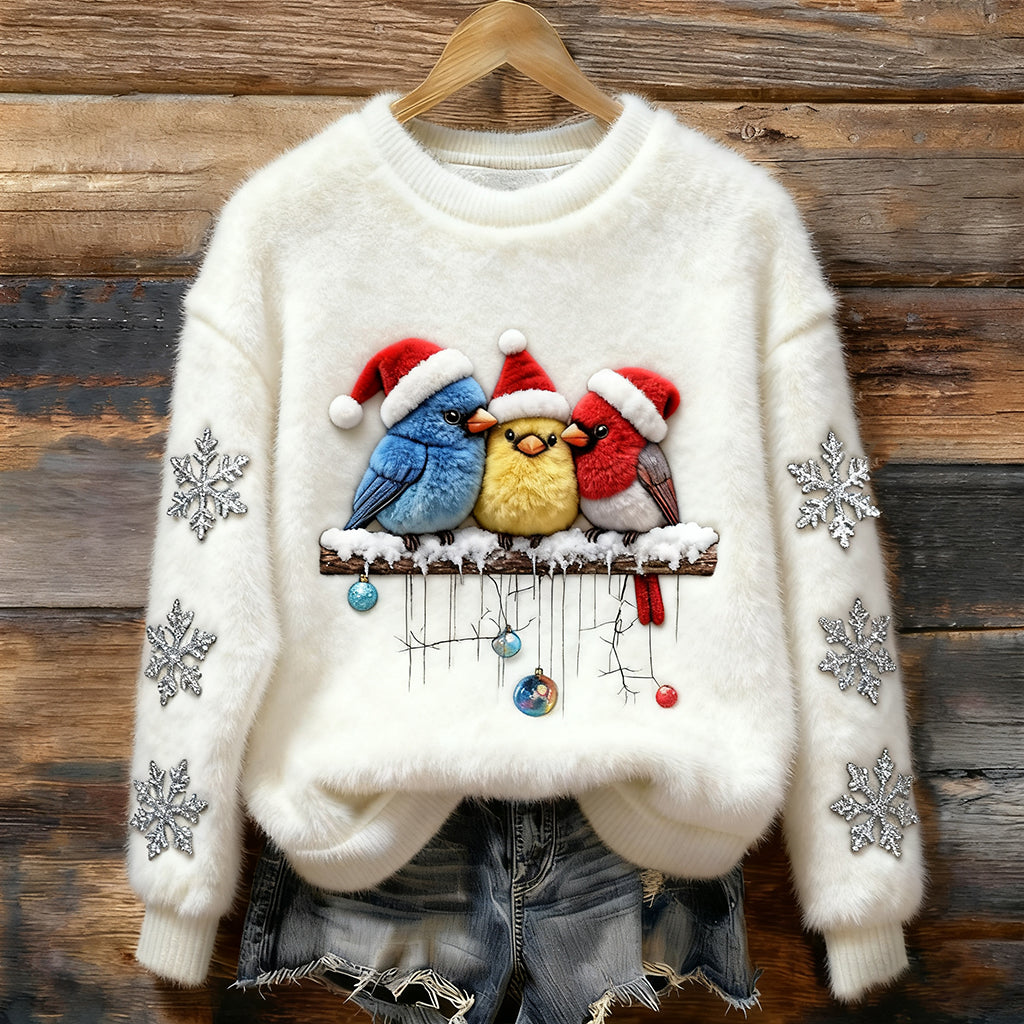 Women's Vintage Plush Snowflake And Bird Pattern Christmas Sweatshirt