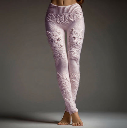 Comstylish Cute Fuzzy Cat Embroidered Cozy Knit Leggings