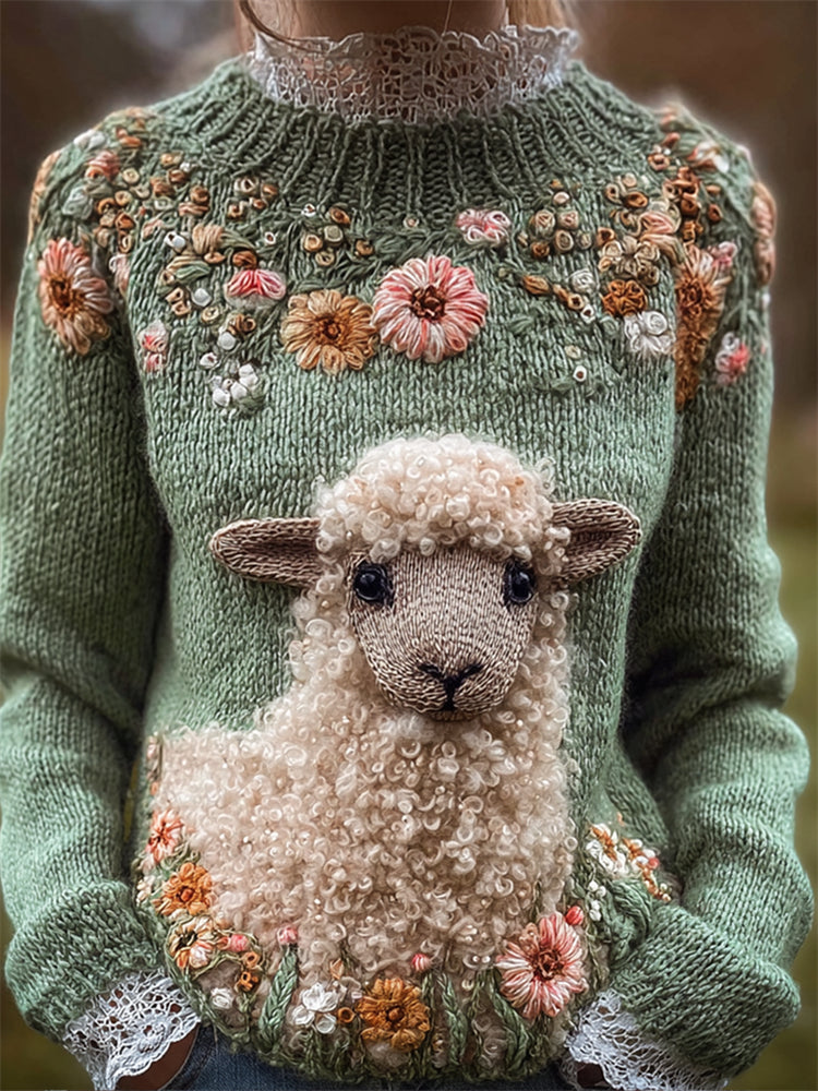Comstylish Vintage Sheep Floral Beaded Embroidered Cozy Knit Sweater