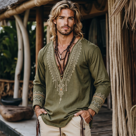 Men's Retro Bohemian Linen Printed Casual Long Sleeve Tops artswardrobe